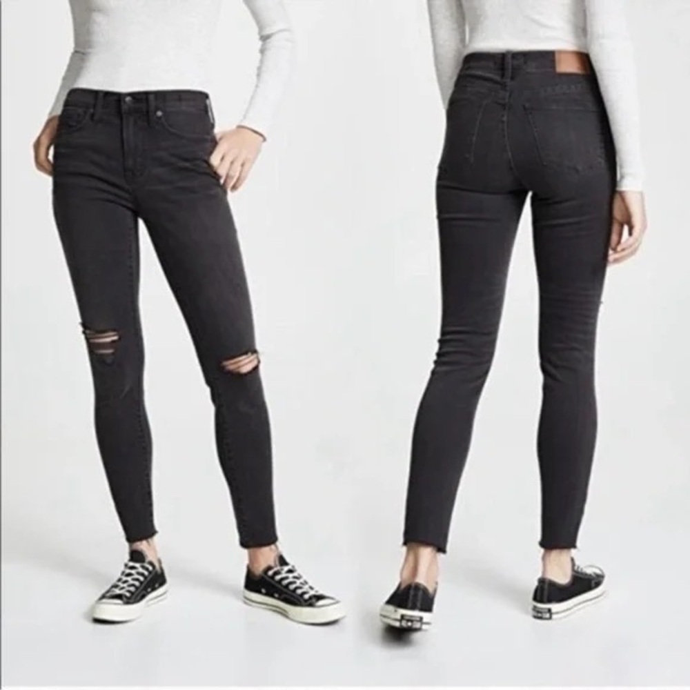 Madewell 9” High-rise, Black Skinny Jeans Distressed Raw Hem Size 25